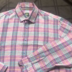 Robert Talbott Mens XL 100% Linen Long Sleeve Plaid Button Down Shirt Multi